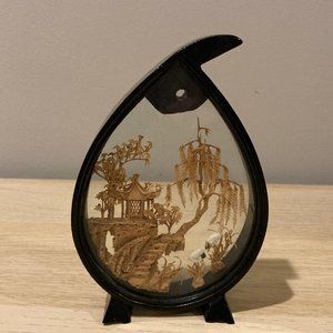 Chinese San You Diorama Cork Carving Wooden Glass Case